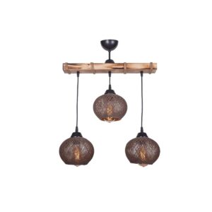 GloboStar® LUMA 201-0012 Vintage Κρεμαστό Φωτιστικό Ράγα Τρίφωτο 3 x E27 IP20 Μπεζ Ξύλο με Καφέ Σχοινί – Μ50 x Π20 x Υ63cm