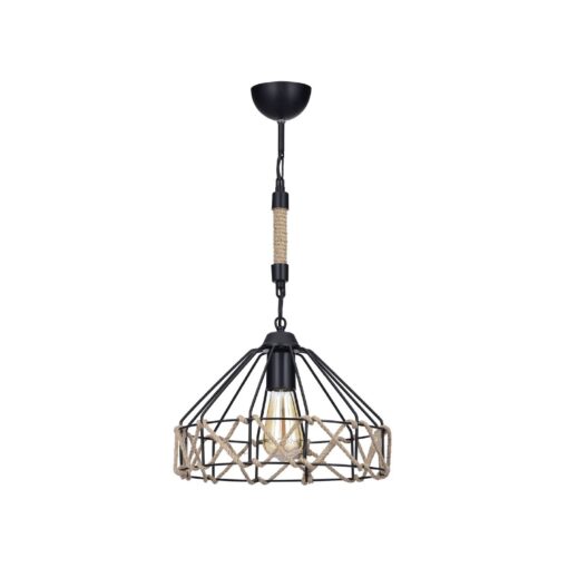 GloboStar® BEAMAX 201-0026 Μοντέρνο Κρεμαστό Φωτιστικό Πλέγμα Μονόφωτο 1 x E27 IP20 Μαύρο Μέταλλο με Μπεζ Σχοινί – Μ30 x Π30 x Υ70cm