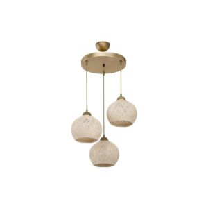 GloboStar® ILLUMIO 201-0027 Vintage Κρεμαστό Φωτιστικό Μπάλα Τρίφωτο 3 x E27 IP20 Χρυσό Μέταλλο με Μπεζ Σχοινί – Μ30 x Π30 x Υ70cm