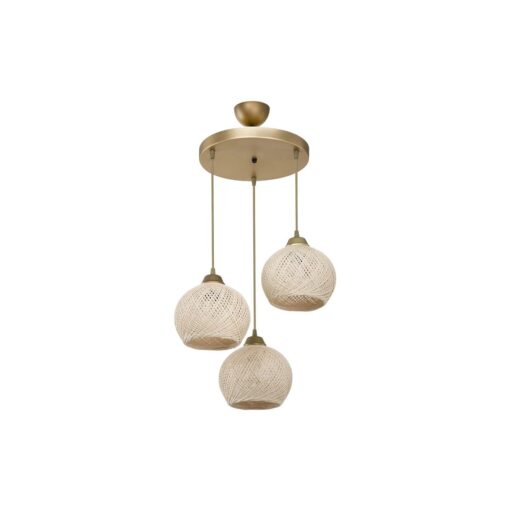 GloboStar® ILLUMIO 201-0027 Vintage Κρεμαστό Φωτιστικό Μπάλα Τρίφωτο 3 x E27 IP20 Χρυσό Μέταλλο με Μπεζ Σχοινί – Μ30 x Π30 x Υ70cm