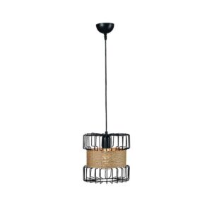 GloboStar® ORB 201-0096 Vintage Κρεμαστό Φωτιστικό Πλέγμα Μονόφωτο 1 x E27 IP20 Μαύρο Μέταλλο με Μπεζ Σχοινί – Μ28 x Π28 x Υ80cm
