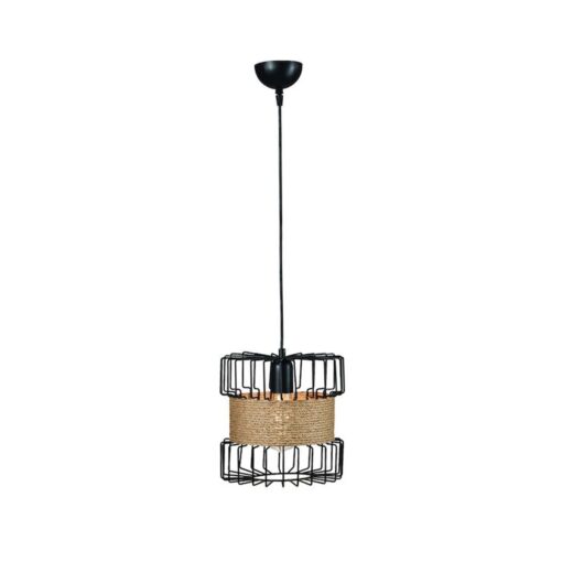 GloboStar® ORB 201-0096 Vintage Κρεμαστό Φωτιστικό Πλέγμα Μονόφωτο 1 x E27 IP20 Μαύρο Μέταλλο με Μπεζ Σχοινί – Μ28 x Π28 x Υ80cm