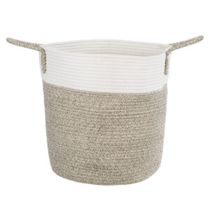 GloboStar® Artificial Garden CHALKI 20200 Διακοσμητικό Πλεκτό Καλάθι – Κασπώ Γλάστρα – Flower Pot  Μπεζ Σκούρο με Λευκό Π35cm x Υ40cm