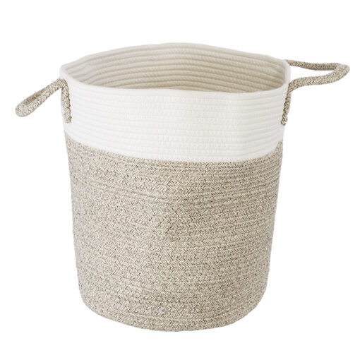 GloboStar® Artificial Garden CHALKI 20200 Διακοσμητικό Πλεκτό Καλάθι – Κασπώ Γλάστρα – Flower Pot  Μπεζ Σκούρο με Λευκό Π35cm x Υ40cm