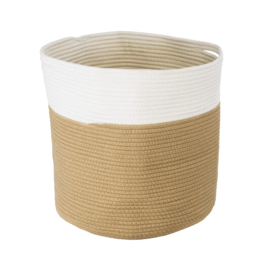GloboStar® Artificial Garden PALAWAN 20201 Διακοσμητικό Πλεκτό Καλάθι – Κασπώ Γλάστρα – Flower Pot  Μπεζ με Λευκό Π35cm x Υ38cm
