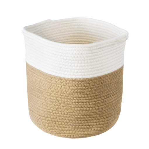 GloboStar® Artificial Garden PALAWAN 20202 Διακοσμητικό Πλεκτό Καλάθι – Κασπώ Γλάστρα – Flower Pot  Μπεζ με Λευκό Π30cm x Υ30cm