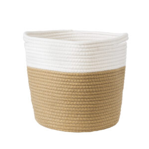 GloboStar® Artificial Garden PALAWAN 20203 Διακοσμητικό Πλεκτό Καλάθι – Κασπώ Γλάστρα – Flower Pot  Μπεζ με Λευκό Π25cm x Υ25cm