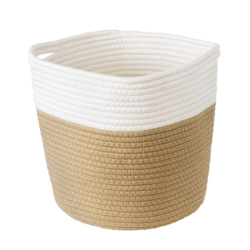 GloboStar® Artificial Garden PALAWAN 20203 Διακοσμητικό Πλεκτό Καλάθι – Κασπώ Γλάστρα – Flower Pot  Μπεζ με Λευκό Π25cm x Υ25cm