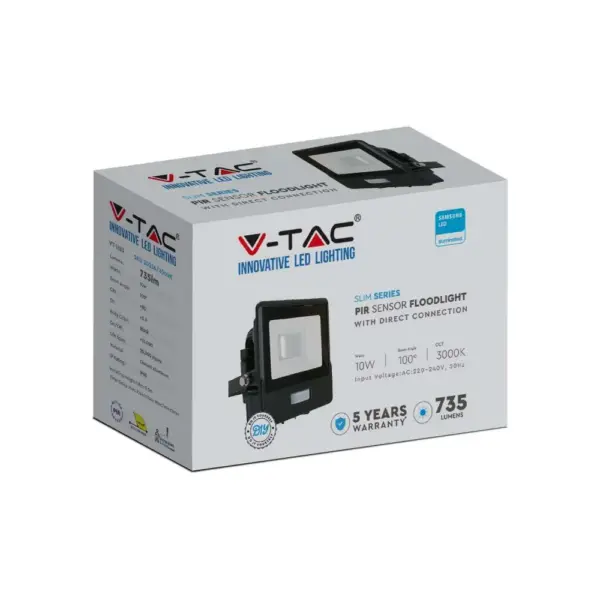 LED Προβολέας με Ανιχνευτή Κίνησης 10W V-TAC PRO Samsung Chip 100° 735lm Μαύρος IP65 Θερμό 3000K – 20256