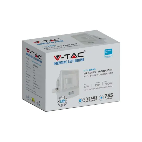 LED Προβολέας με Ανιχνευτή Κίνησης 10W V-TAC PRO Samsung Chip 100° 735lm Λευκός IP65 Θερμό 3000K – 20268