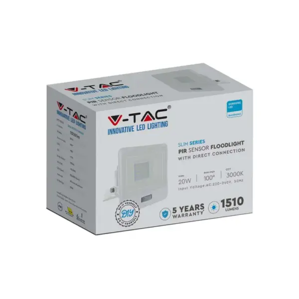 LED Προβολέας με Ανιχνευτή Κίνησης 20W V-TAC PRO Samsung Chip 100° 1510lm Λευκός IP65 Θερμό 3000K – 20271
