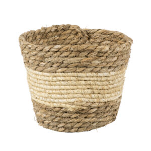 GloboStar® Artificial Garden KYTHIRA 20272 Διακοσμητικό Πλεκτό Καλάθι – Κασπώ Γλάστρα – Flower Pot Μπεζ με Λευκό Φ18cm x Υ15cm