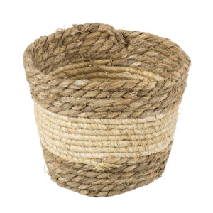 GloboStar® Artificial Garden KYTHIRA 20272 Διακοσμητικό Πλεκτό Καλάθι – Κασπώ Γλάστρα – Flower Pot Μπεζ με Λευκό Φ18cm x Υ15cm