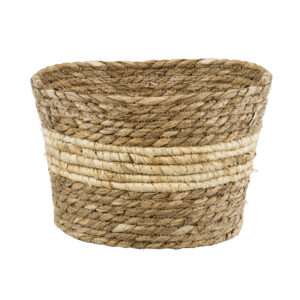 GloboStar® Artificial Garden KYTHIRA 20273 Διακοσμητικό Πλεκτό Καλάθι – Κασπώ Γλάστρα – Flower Pot Μπεζ με Λευκό Φ22cm x Υ15cm