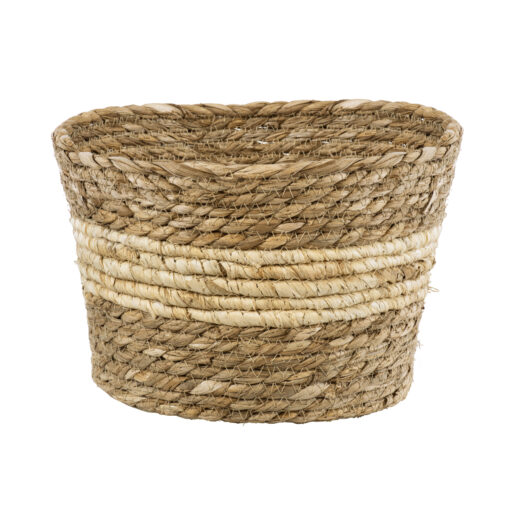 GloboStar® Artificial Garden KYTHIRA 20273 Διακοσμητικό Πλεκτό Καλάθι – Κασπώ Γλάστρα – Flower Pot Μπεζ με Λευκό Φ22cm x Υ15cm