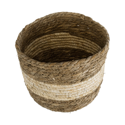 GloboStar® Artificial Garden KYTHIRA 20274 Διακοσμητικό Πλεκτό Καλάθι – Κασπώ Γλάστρα – Flower Pot Καφέ με Μπεζ Φ25 x Υ18cm