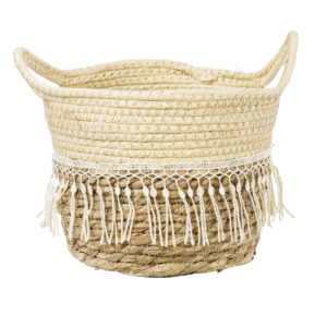 GloboStar® Artificial Garden MYKONOS 20278 Διακοσμητικό Πλεκτό Καλάθι – Κασπώ Γλάστρα – Flower Pot Μπεζ με Μακραμέ Φ18cm x Υ15cm
