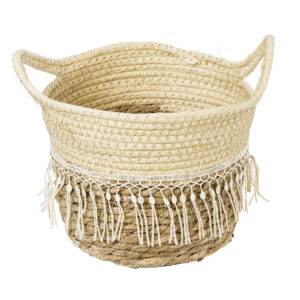 GloboStar® Artificial Garden MYKONOS 20278 Διακοσμητικό Πλεκτό Καλάθι – Κασπώ Γλάστρα – Flower Pot Μπεζ με Μακραμέ Φ18cm x Υ15cm