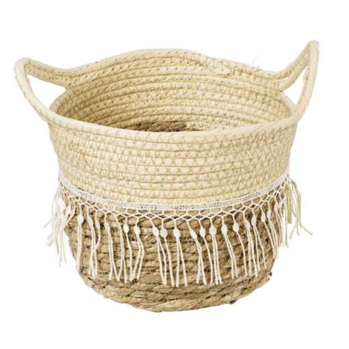 GloboStar® Artificial Garden MYKONOS 20278 Διακοσμητικό Πλεκτό Καλάθι – Κασπώ Γλάστρα – Flower Pot Μπεζ με Μακραμέ Φ18cm x Υ15cm