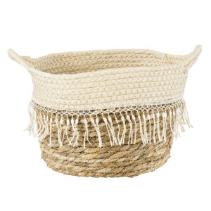 GloboStar® Artificial Garden MYKONOS 20279 Διακοσμητικό Πλεκτό Καλάθι – Κασπώ Γλάστρα – Flower Pot Μπεζ με Μακραμέ Φ22cm x Υ15cm