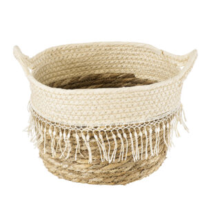 GloboStar® Artificial Garden MYKONOS 20279 Διακοσμητικό Πλεκτό Καλάθι – Κασπώ Γλάστρα – Flower Pot Μπεζ με Μακραμέ Φ22cm x Υ15cm