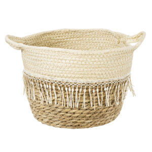 GloboStar® Artificial Garden MYKONOS 20280 Διακοσμητικό Πλεκτό Καλάθι – Κασπώ Γλάστρα – Flower Pot Μπεζ με Μακραμέ Φ25cm x Υ19cm