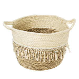 GloboStar® Artificial Garden MYKONOS 20280 Διακοσμητικό Πλεκτό Καλάθι – Κασπώ Γλάστρα – Flower Pot Μπεζ με Μακραμέ Φ25cm x Υ19cm