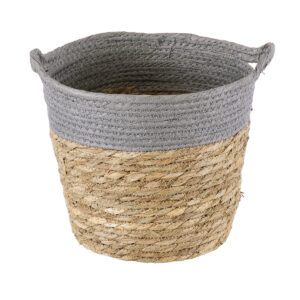 GloboStar® Artificial Garden SYROS 20281 Διακοσμητικό Πλεκτό Καλάθι – Κασπώ Γλάστρα – Flower Pot Μπεζ με Γκρι Φ20cm x Υ20cm