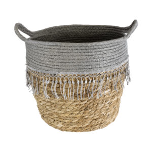 GloboStar® Artificial Garden SYROS 20282 Διακοσμητικό Πλεκτό Καλάθι – Κασπώ Γλάστρα – Flower Pot Μπεζ με Γκρι Φ25 x Υ22cm