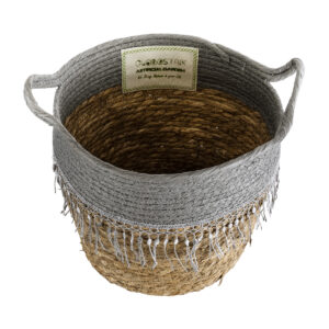 GloboStar® Artificial Garden SYROS 20282 Διακοσμητικό Πλεκτό Καλάθι – Κασπώ Γλάστρα – Flower Pot Μπεζ με Γκρι Φ25 x Υ22cm