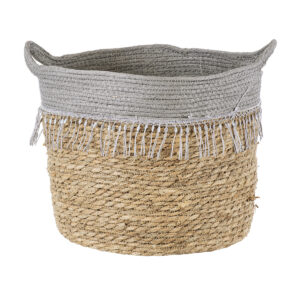 GloboStar® Artificial Garden SYROS 20283 Διακοσμητικό Πλεκτό Καλάθι – Κασπώ Γλάστρα – Flower Pot Μπεζ με Γκρι Φ28cm x Υ24cm