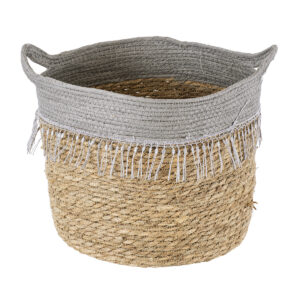GloboStar® Artificial Garden SYROS 20283 Διακοσμητικό Πλεκτό Καλάθι – Κασπώ Γλάστρα – Flower Pot Μπεζ με Γκρι Φ28cm x Υ24cm