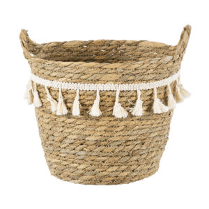 GloboStar® Artificial Garden SANTORINI 20284 Διακοσμητικό Πλεκτό Καλάθι – Κασπώ Γλάστρα – Flower Pot Μπεζ με Μακραμέ Φ20cm x Υ20cm