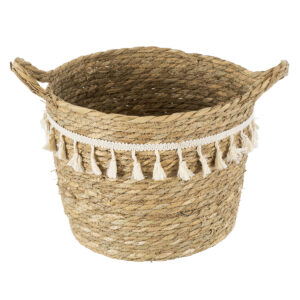 GloboStar® Artificial Garden SANTORINI 20285 Διακοσμητικό Πλεκτό Καλάθι – Κασπώ Γλάστρα – Flower Pot Μπεζ με Μακραμέ Φ25cm x Υ23cm