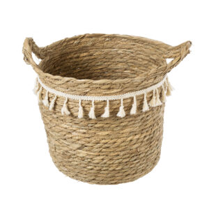 GloboStar® Artificial Garden SANTORINI 20286 Διακοσμητικό Πλεκτό Καλάθι – Κασπώ Γλάστρα – Flower Pot Μπεζ με Μακραμέ Φ31cm x Υ29cm