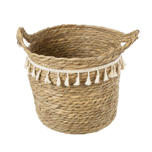 GloboStar® Artificial Garden SANTORINI 20286 Διακοσμητικό Πλεκτό Καλάθι – Κασπώ Γλάστρα – Flower Pot Μπεζ με Μακραμέ Φ31cm x Υ29cm