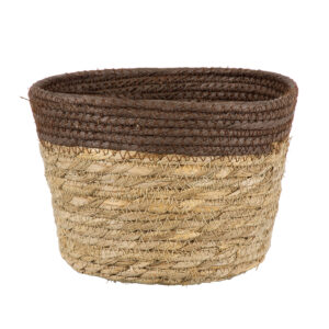 GloboStar® Artificial Garden LEFKADA 20287 Διακοσμητικό Πλεκτό Καλάθι – Κασπώ Γλάστρα – Flower Pot Μπεζ με Καφέ Φ22cm x Υ15cm