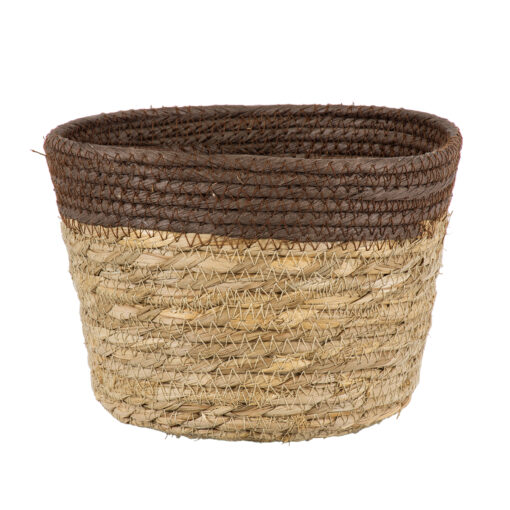 GloboStar® Artificial Garden LEFKADA 20287 Διακοσμητικό Πλεκτό Καλάθι – Κασπώ Γλάστρα – Flower Pot Μπεζ με Καφέ Φ22cm x Υ15cm