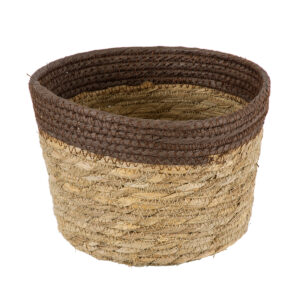 GloboStar® Artificial Garden LEFKADA 20287 Διακοσμητικό Πλεκτό Καλάθι – Κασπώ Γλάστρα – Flower Pot Μπεζ με Καφέ Φ22cm x Υ15cm