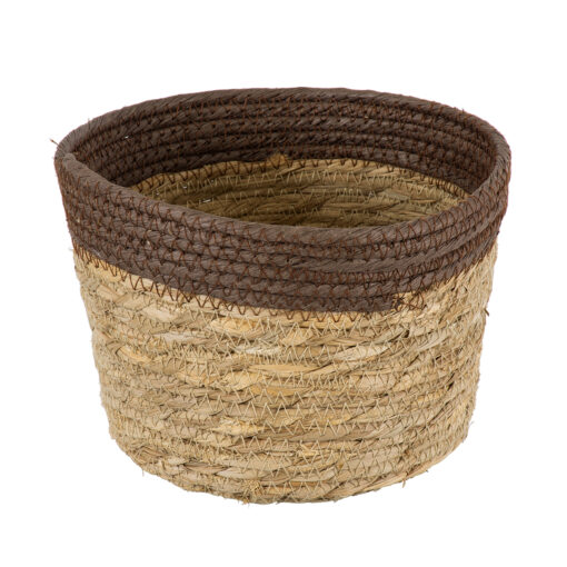 GloboStar® Artificial Garden LEFKADA 20287 Διακοσμητικό Πλεκτό Καλάθι – Κασπώ Γλάστρα – Flower Pot Μπεζ με Καφέ Φ22cm x Υ15cm