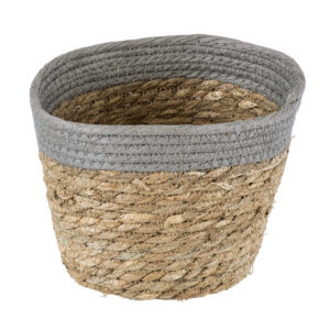 GloboStar® Artificial Garden ANTIPAROS 20288 Διακοσμητικό Πλεκτό Καλάθι – Κασπώ Γλάστρα – Flower Pot Μπεζ με Γκρι Φ18cm x Υ15cm