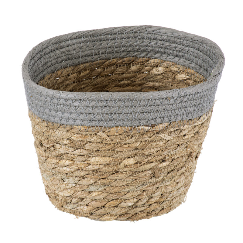 GloboStar® Artificial Garden ANTIPAROS 20288 Διακοσμητικό Πλεκτό Καλάθι – Κασπώ Γλάστρα – Flower Pot Μπεζ με Γκρι Φ18cm x Υ15cm