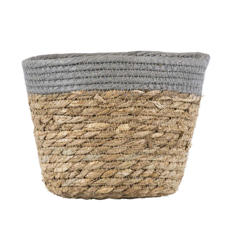 GloboStar® Artificial Garden ANTIPAROS 20288 Διακοσμητικό Πλεκτό Καλάθι – Κασπώ Γλάστρα – Flower Pot Μπεζ με Γκρι Φ18cm x Υ15cm