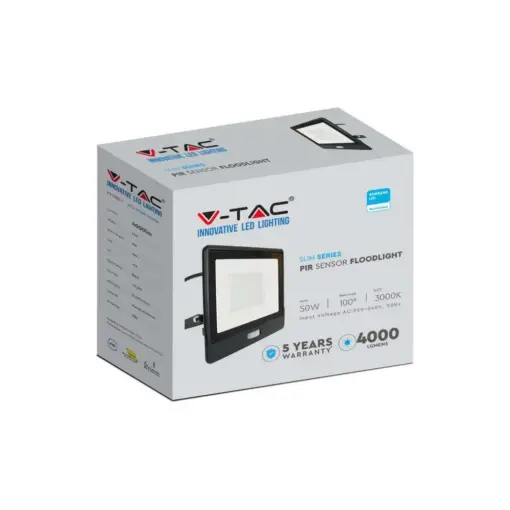LED Προβολέας με Ανιχνευτή Κίνησης 50W V-TAC PRO Samsung Chip 100° 4000lm Μαύρος με 1m καλώδιο IP65 Θερμό 3000K – 20289