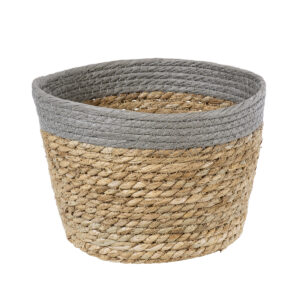GloboStar® Artificial Garden ANTIPAROS 20289 Διακοσμητικό Πλεκτό Καλάθι – Κασπώ Γλάστρα – Flower Pot Μπεζ με Γκρι Φ22cm x Υ15cm