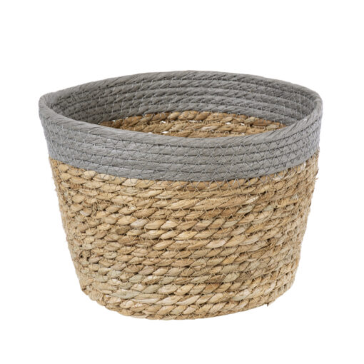 GloboStar® Artificial Garden ANTIPAROS 20289 Διακοσμητικό Πλεκτό Καλάθι – Κασπώ Γλάστρα – Flower Pot Μπεζ με Γκρι Φ22cm x Υ15cm