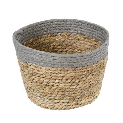 GloboStar® Artificial Garden ANTIPAROS 20289 Διακοσμητικό Πλεκτό Καλάθι – Κασπώ Γλάστρα – Flower Pot Μπεζ με Γκρι Φ22cm x Υ15cm