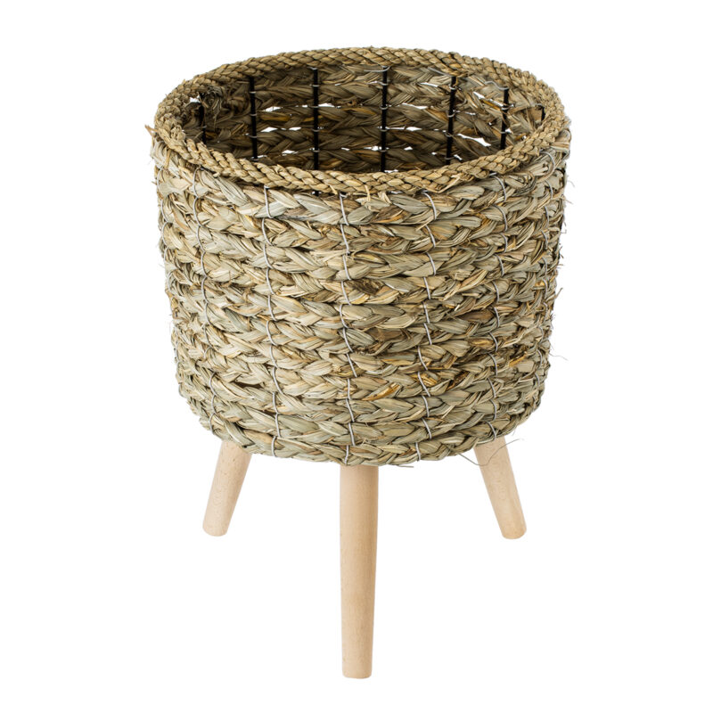 GloboStar® Artificial Garden SKOPELOS 20296 Διακοσμητικό Πλεκτό Καλάθι – Κασπώ Γλάστρα – Flower Pot Μπεζ με Καφέ Φ26cm x Υ36cm