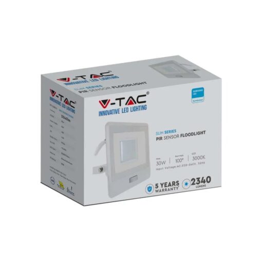 LED Προβολέας με Ανιχνευτή Κίνησης 1m Καλώδιο 30W V-TAC PRO Samsung Chip 100° 2340lm Λευκός IP65 Θερμό 3000K – 20298