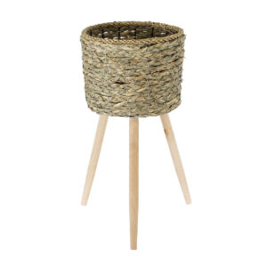 GloboStar® Artificial Garden SKOPELOS 20298 Διακοσμητικό Πλεκτό Καλάθι – Κασπώ Γλάστρα – Flower Pot Μπεζ με Καφέ Φ26cm x Υ55cm